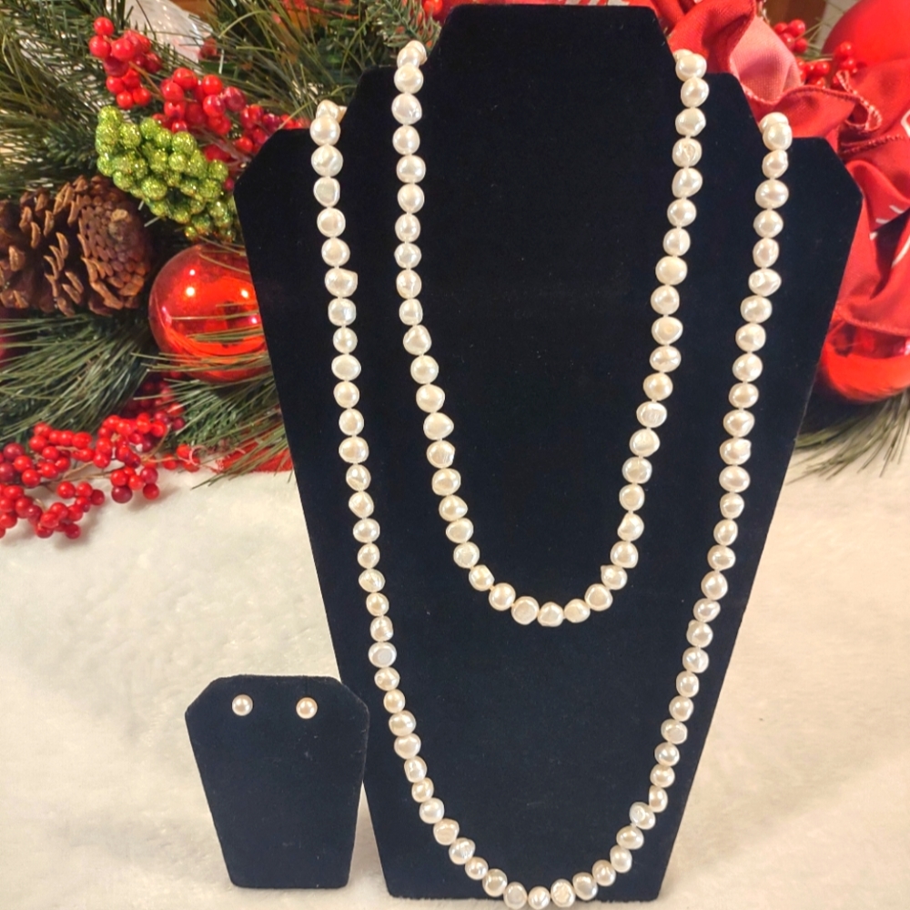 Chanel Style Pearl Necklace W/14k Pearl Earrings